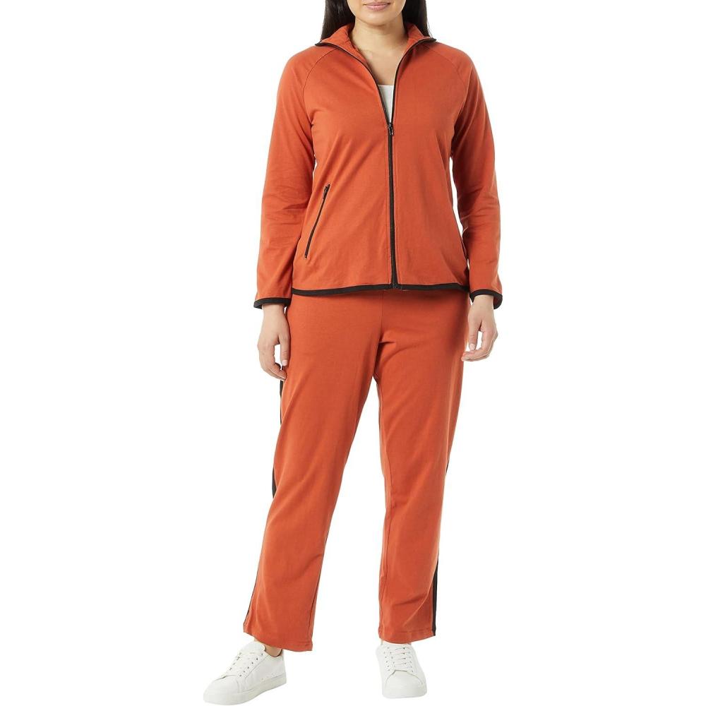 imageAmeriMark Women Striped Sweatsuit Set Soft 2Piece Tracksuit Zipup Jacket Elastic Waist Pants Relaxed Athletic OutfitRustBlack