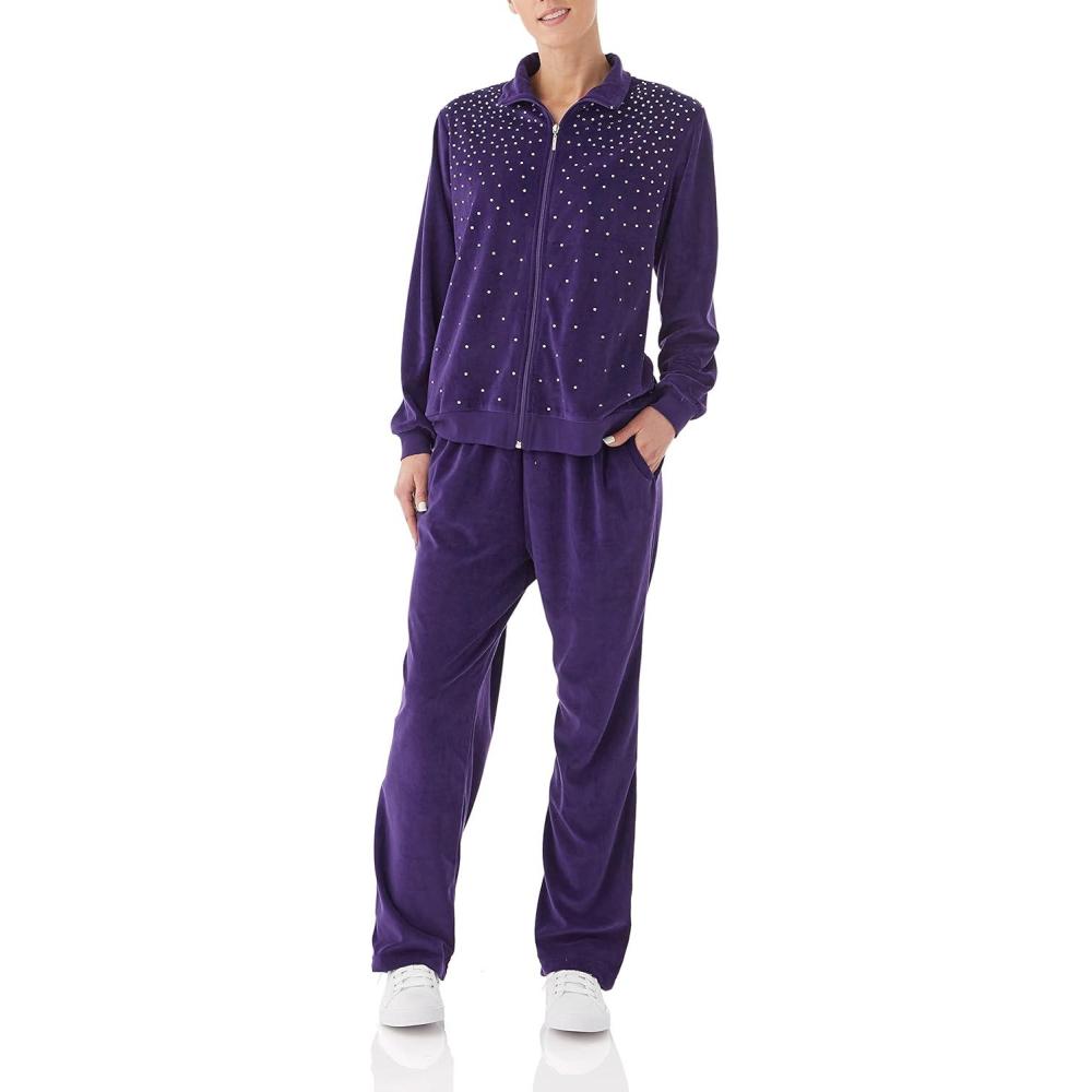 imageAmeriMark Women Velour Rhinestone Sweatsuit Set Ladies 2Piece Tracksuit ZipUp Jacket Elastic Waist Pants Athletic OutfitPurple