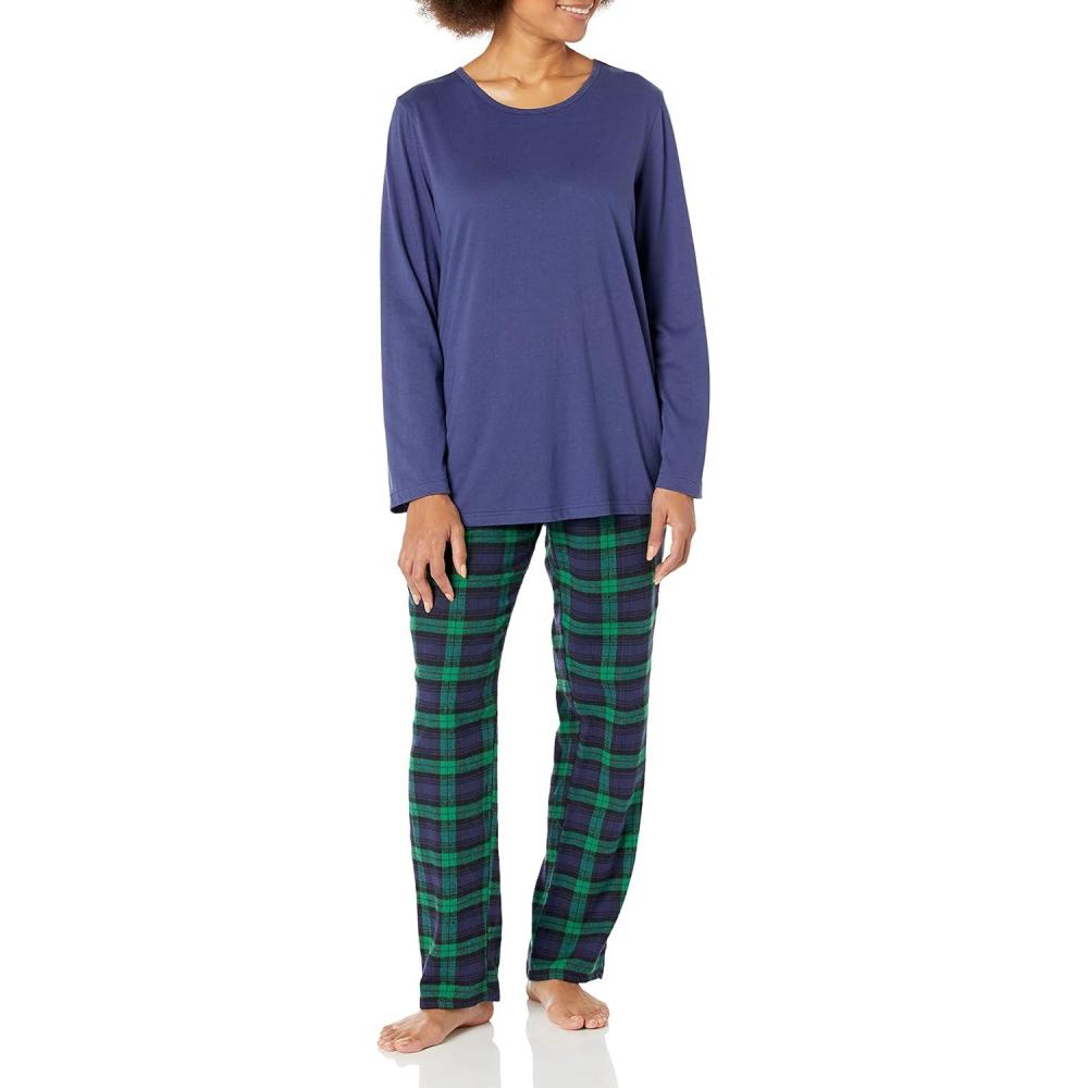 imageAmeriMark Womens 2Piece Flannel Pajama Set Nightwear for Sleeping Long Sleeve Cotton Loungewear Top and PJ Pants SleepwearNavy