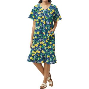 AmeriMark Casual Women’s Muumuu House Dress Comfortable Flowy Short Sleeve Patio Sun Dress Lounger Gown Sleepwear for Ladies(Lemon Garden)