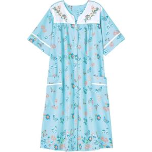 AmeriMark Women Calf-Length Snap Front Knit Duster House Coat Robe – Loose-Fitting Plush Bathrobe – Short Sleeve Bath Robe(Blue Border)