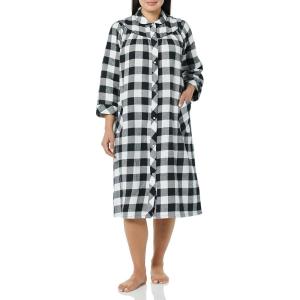 AmeriMark Women’s Flannel Calf Length Snap Front Duster House Coat – Plush Bath Robe – Loose Plaid Bathrobe ¾ Sleeves(Black Buffalo)