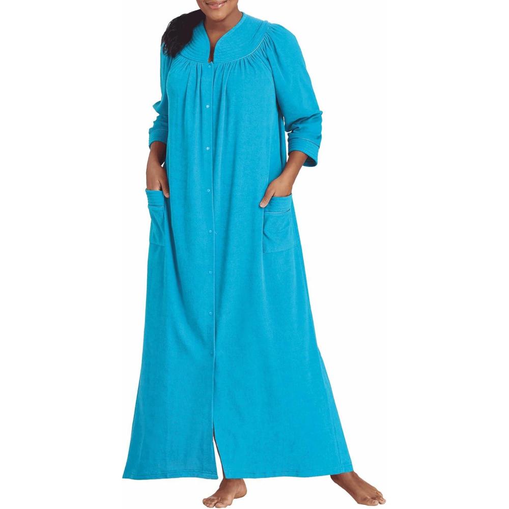 imageAmeriMark Women FullLength Snap Front Terrycloth Long Bathrobe Loose Absorbent FullCoverage Plush Long Ankle Bath RobeTurquoise