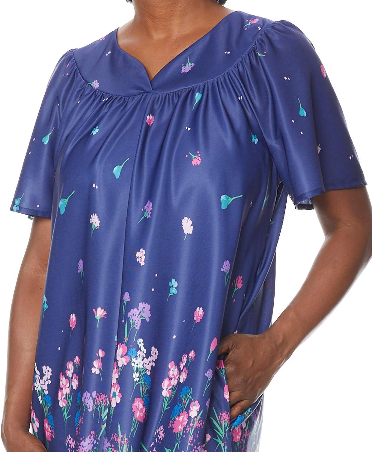 imageAmeriMark Casual Womens Patio Muumuu House Dress Loose Comfortable Short Sleeve Sun Dress Lounger Gown Sleepwear for LadiesNavy Delight Border