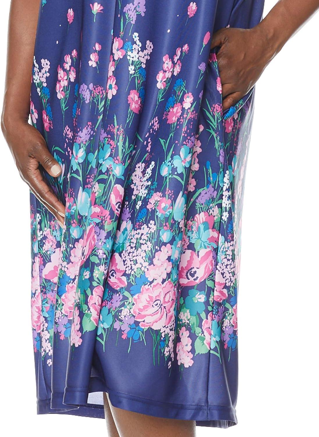 imageAmeriMark Casual Womens Patio Muumuu House Dress Loose Comfortable Short Sleeve Sun Dress Lounger Gown Sleepwear for LadiesNavy Delight Border