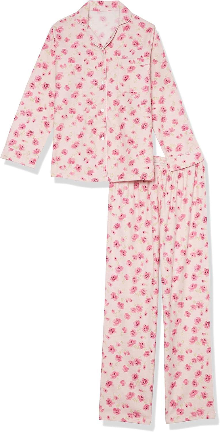 imageAmeriMark Cozee Corner Floral Printed Flannel Pajama Set 100 Cotton Flannel PJs ButtonDown Top Elastic Waist PantsRose Floral