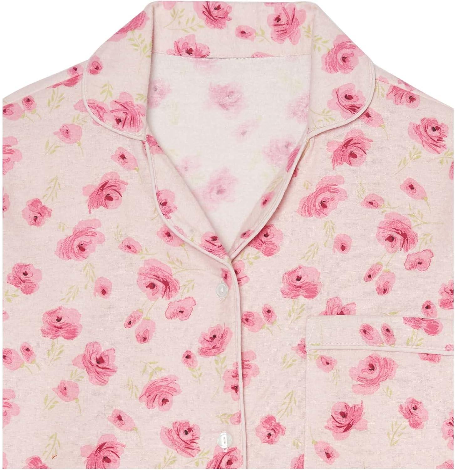 imageAmeriMark Cozee Corner Floral Printed Flannel Pajama Set 100 Cotton Flannel PJs ButtonDown Top Elastic Waist PantsRose Floral