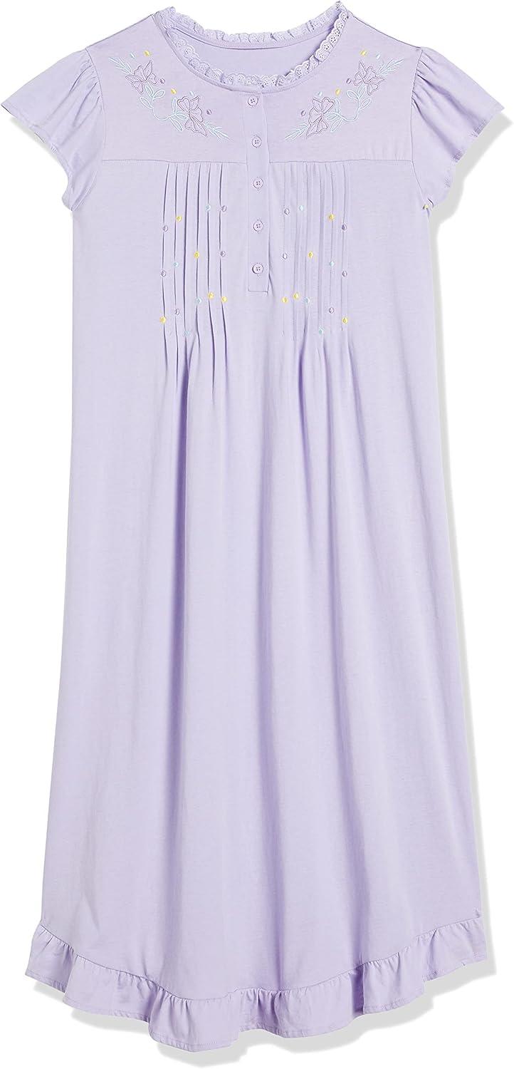 imageAmeriMark Womens Embroidered Knit Night Gown Long Partial Button Front Dress Mid CalfLavender