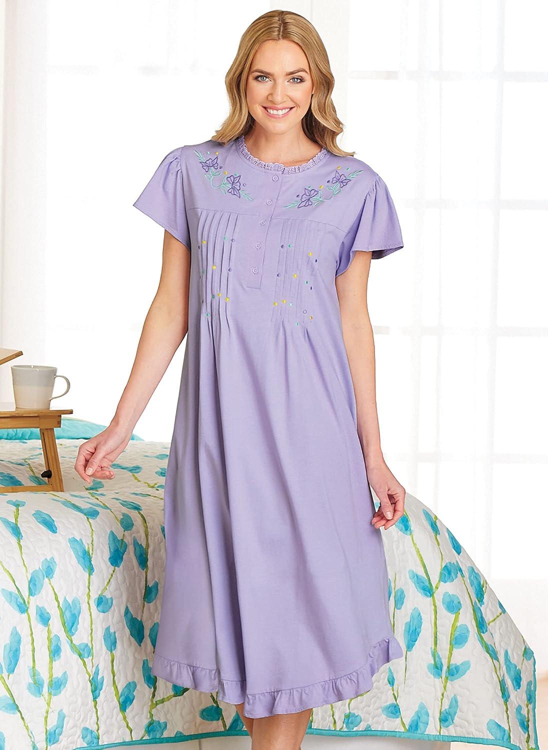 imageAmeriMark Womens Embroidered Knit Night Gown Long Partial Button Front Dress Mid CalfLavender