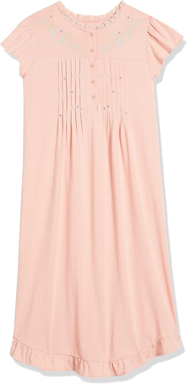 imageAmeriMark Womens Embroidered Knit Night Gown Long Partial Button Front Dress Mid CalfPetal Pink
