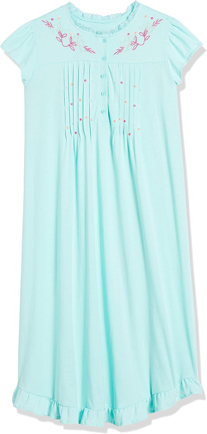 imageAmeriMark Womens Embroidered Knit Night Gown Long Partial Button Front Dress Mid CalfSeaglass