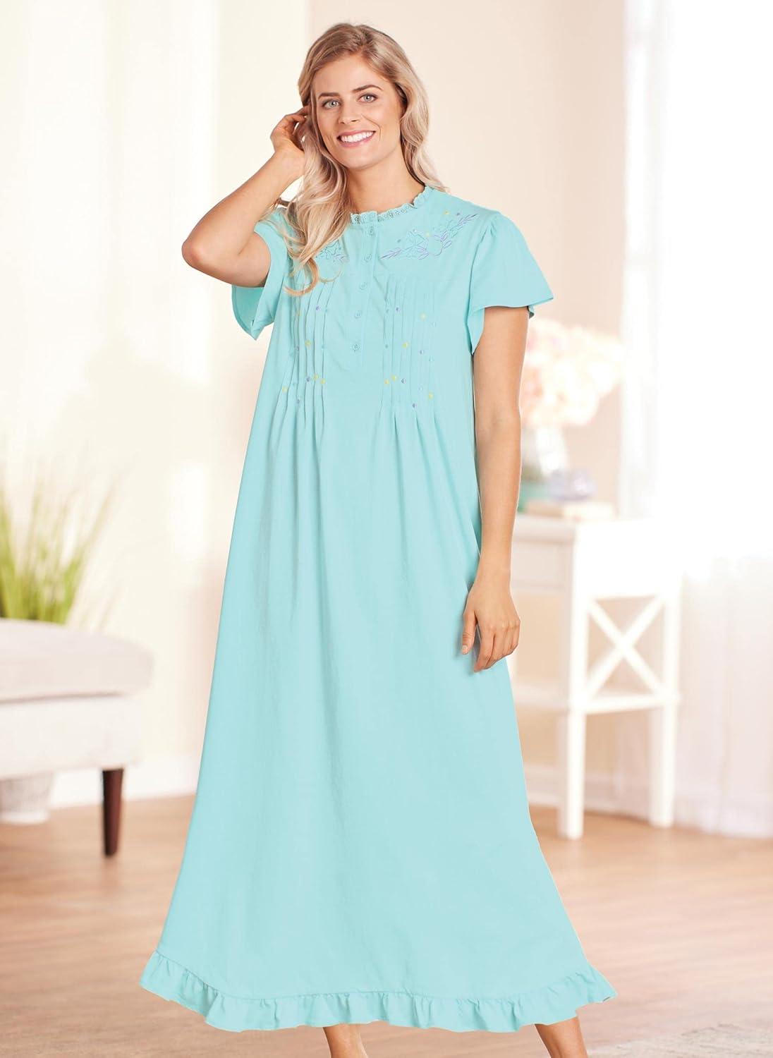 imageAmeriMark Womens Embroidered Knit Night Gown Long Partial Button Front Dress Mid CalfSky