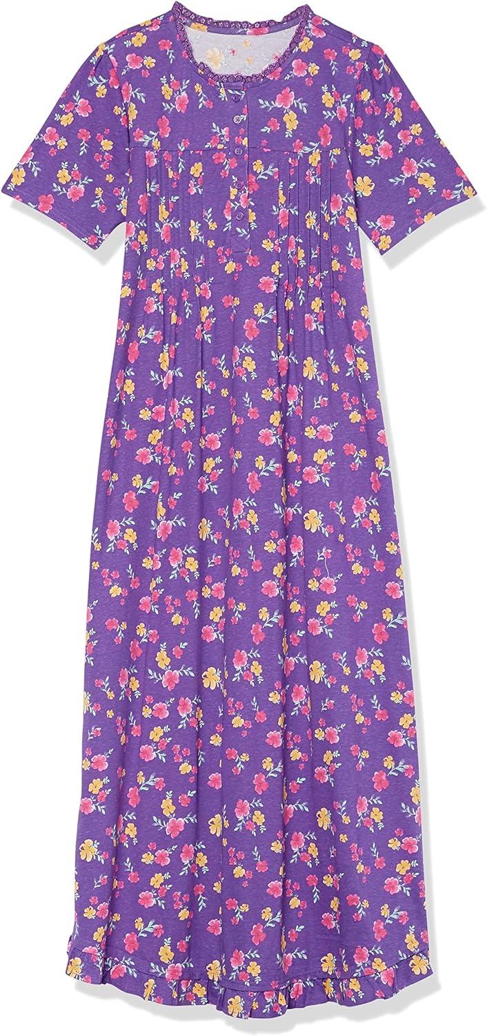 imageAmeriMark Womens Embroidered Knit Night Gown Long Partial Button Front Dress Mid CalfViolet