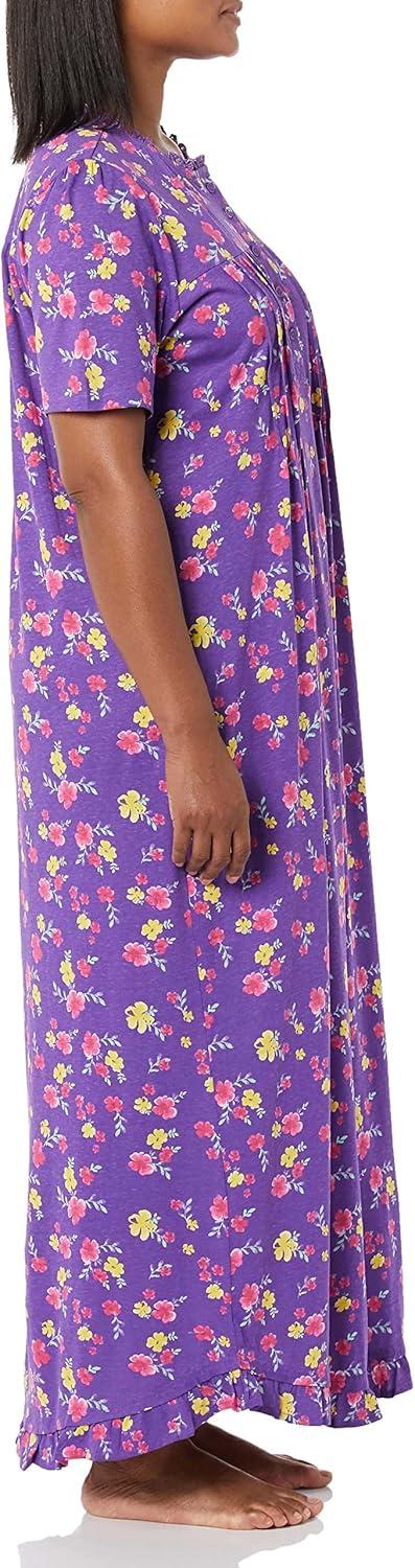 imageAmeriMark Womens Embroidered Knit Night Gown Long Partial Button Front Dress Mid CalfViolet