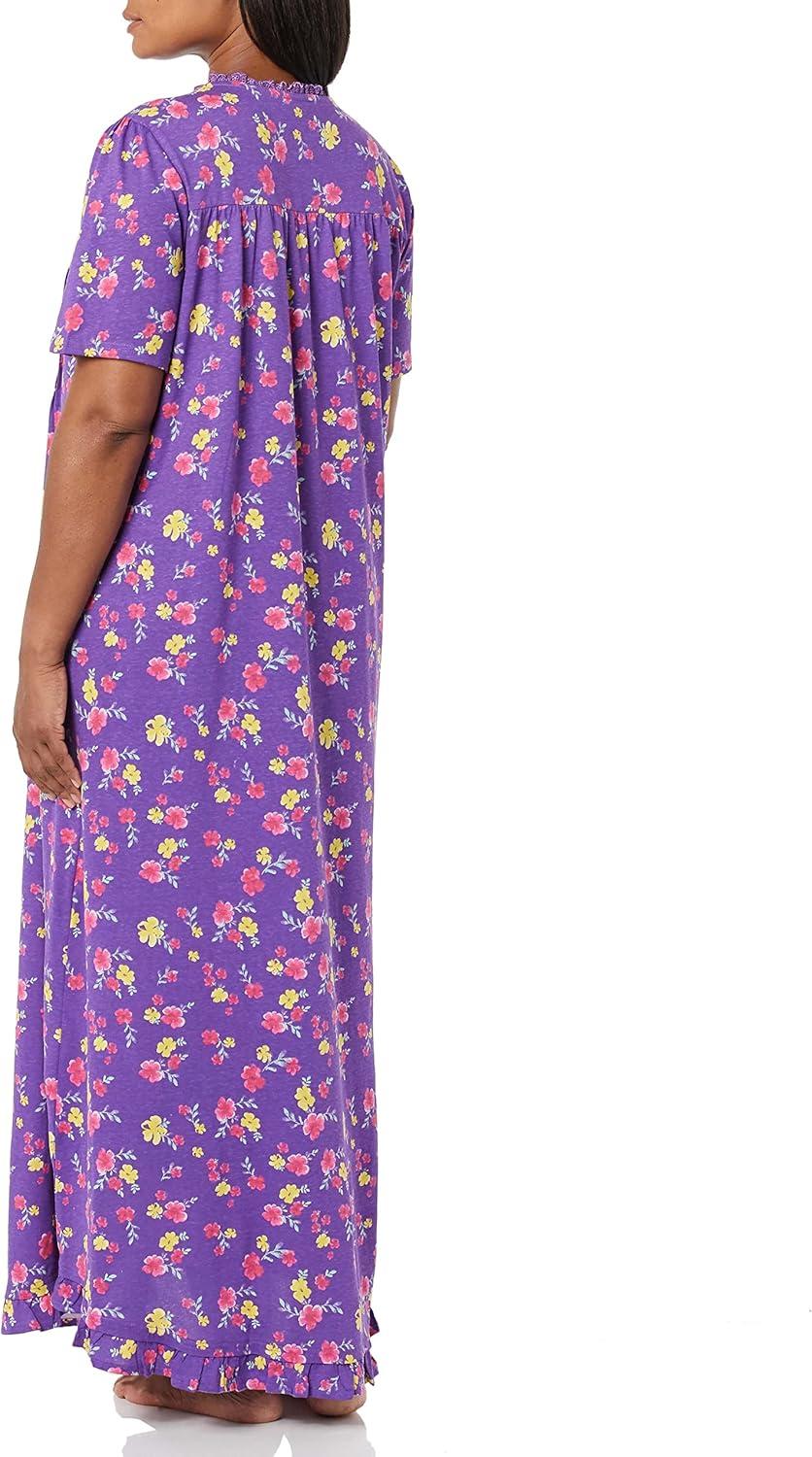 imageAmeriMark Womens Embroidered Knit Night Gown Long Partial Button Front Dress Mid CalfViolet