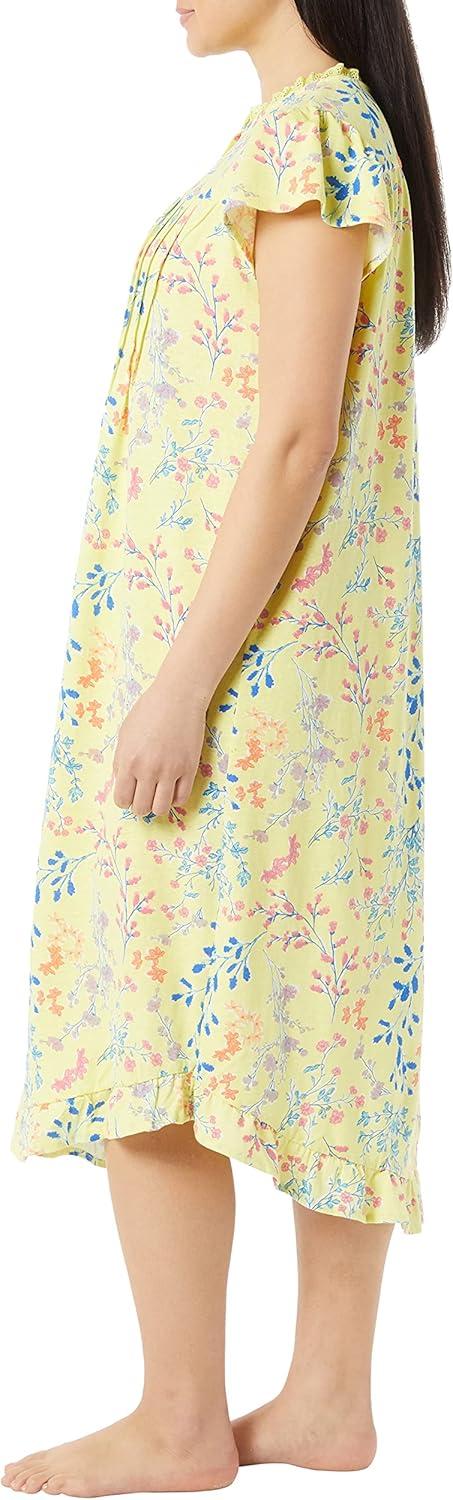 imageAmeriMark Womens Embroidered Knit Night Gown Long Partial Button Front Dress Mid CalfYellow Print