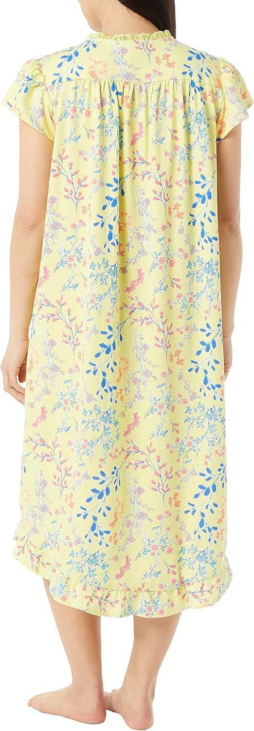 imageAmeriMark Womens Embroidered Knit Night Gown Long Partial Button Front Dress Mid CalfYellow Print