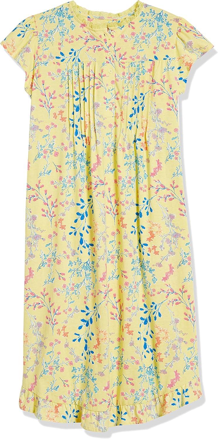 imageAmeriMark Womens Embroidered Knit Night Gown Long Partial Button Front Dress Mid CalfYellow Print