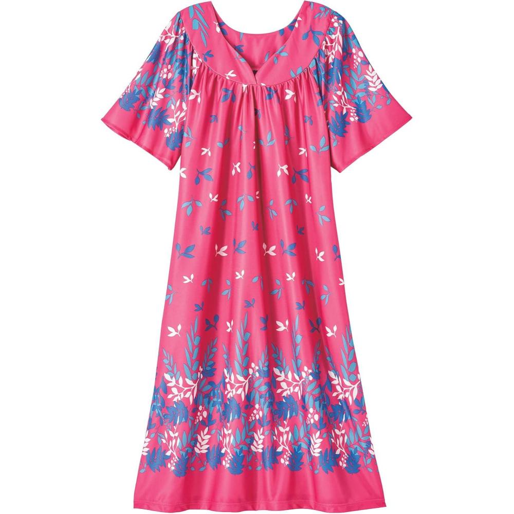 imageAmeriMark Casual Womens Patio Muumuu House Dress Loose Comfortable Short Sleeve Sun Dress Lounger Gown Sleepwear for LadiesBerry Leaves