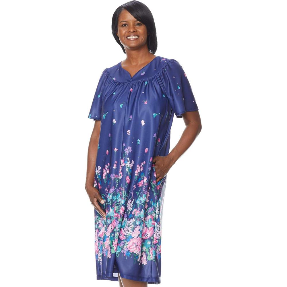 imageAmeriMark Casual Womens Patio Muumuu House Dress Loose Comfortable Short Sleeve Sun Dress Lounger Gown Sleepwear for LadiesNavy Delight Border
