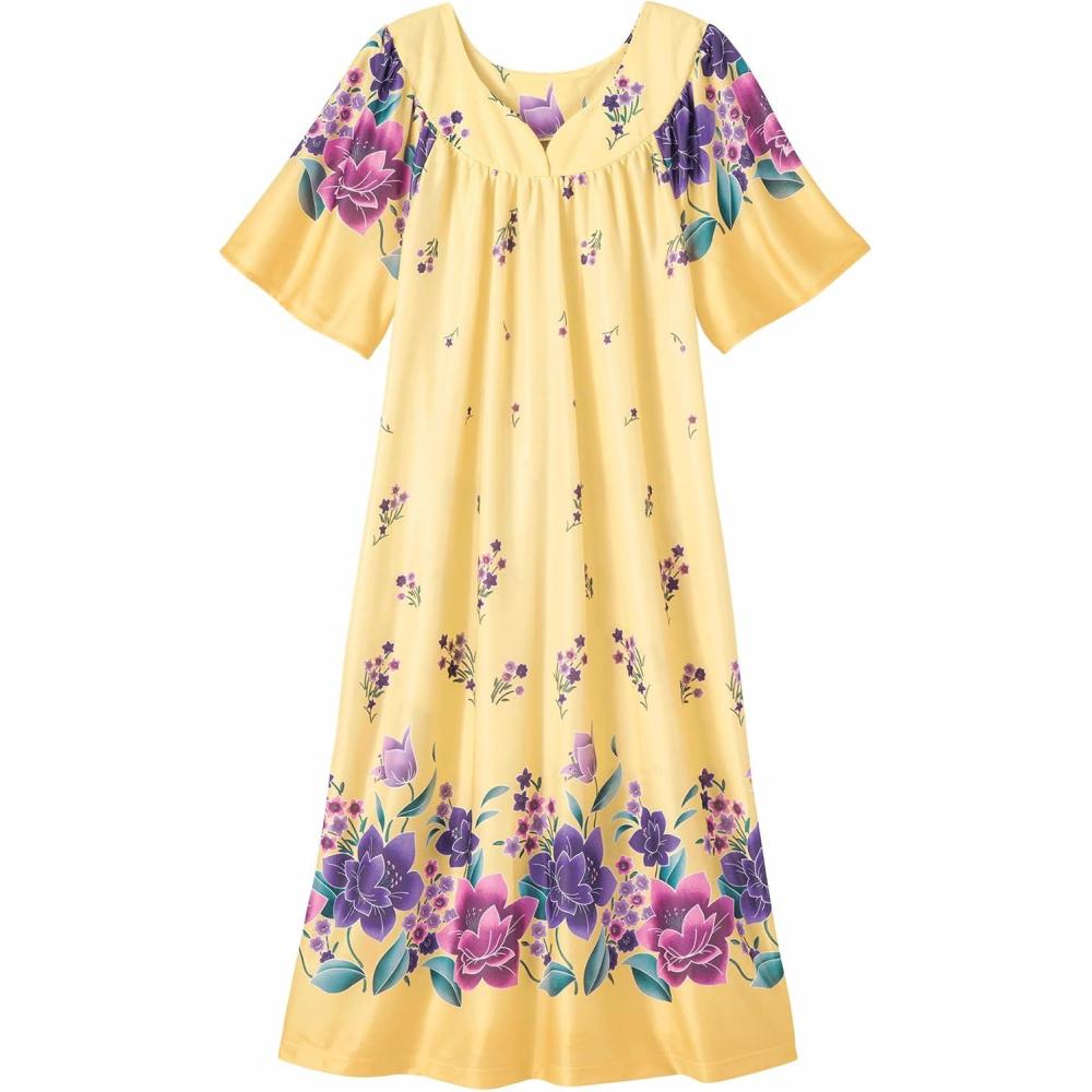 imageAmeriMark Casual Womens Patio Muumuu House Dress Loose Comfortable Short Sleeve Sun Dress Lounger Gown Sleepwear for LadiesYellow Purple