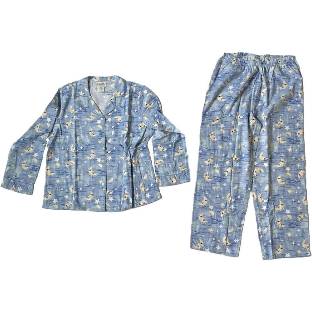 imageAmeriMark Cozee Corner Floral Printed Flannel Pajama Set 100 Cotton Flannel PJs ButtonDown Top Elastic Waist PantsMoonStars