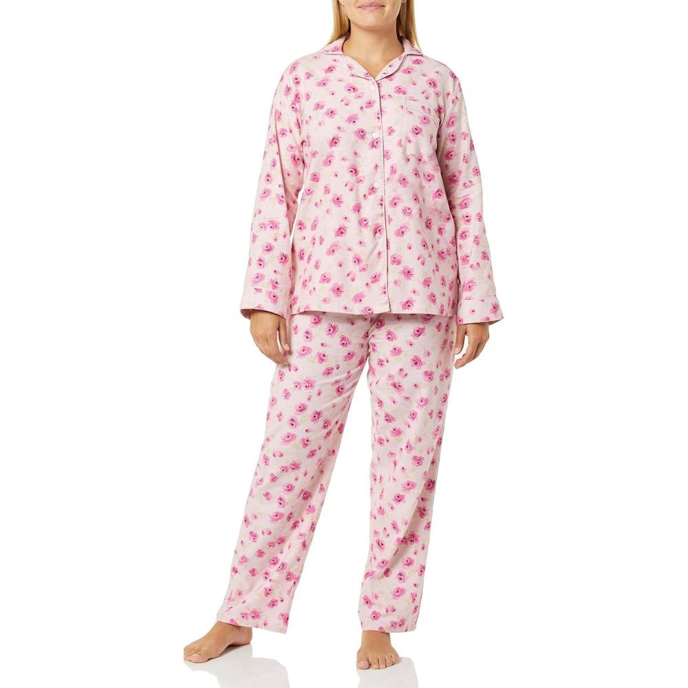 imageAmeriMark Cozee Corner Floral Printed Flannel Pajama Set 100 Cotton Flannel PJs ButtonDown Top Elastic Waist PantsRose Floral