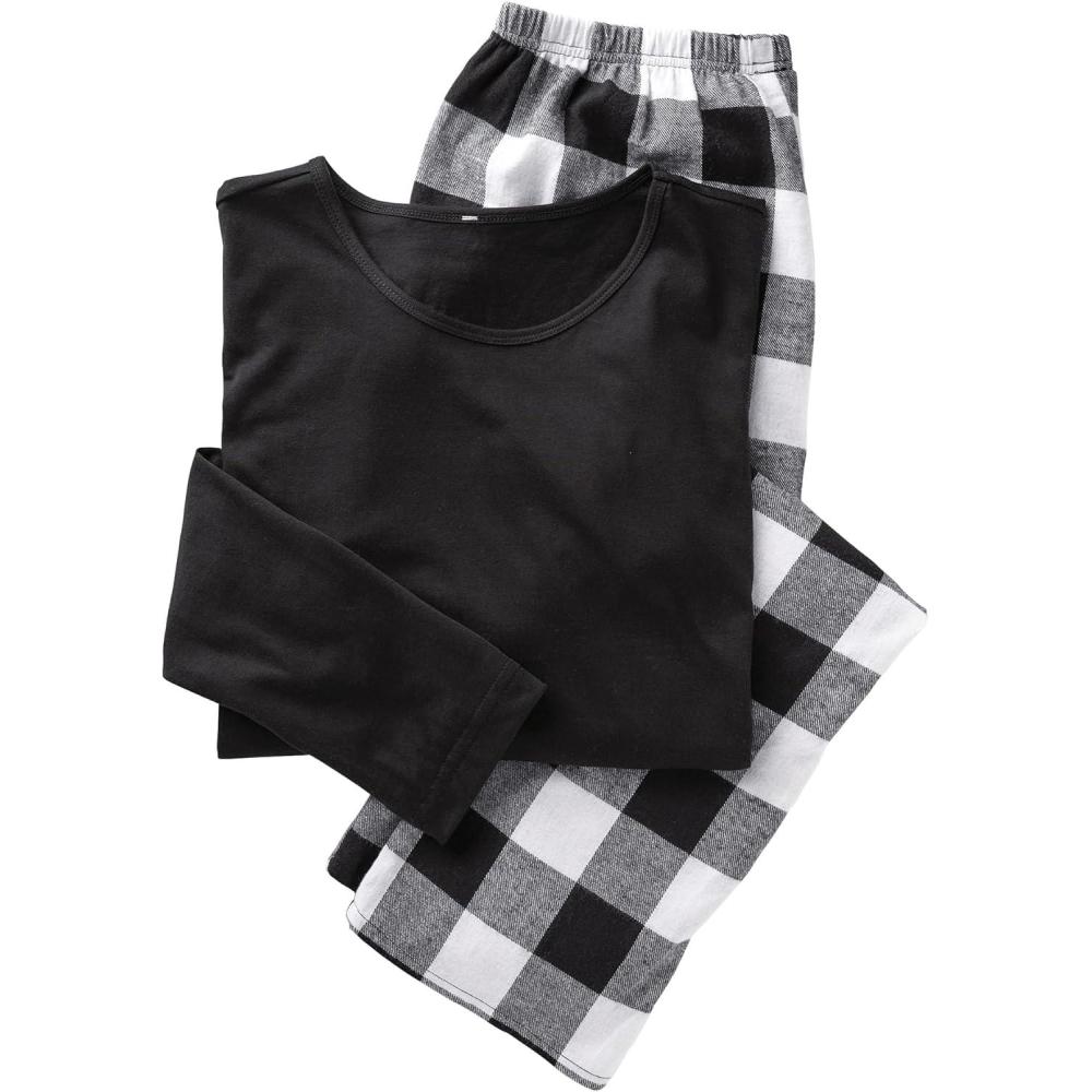 imageAmeriMark Womens 2Piece Flannel Pajama Set Nightwear for Sleeping Long Sleeve Cotton Loungewear Top and PJ Pants SleepwearBlack