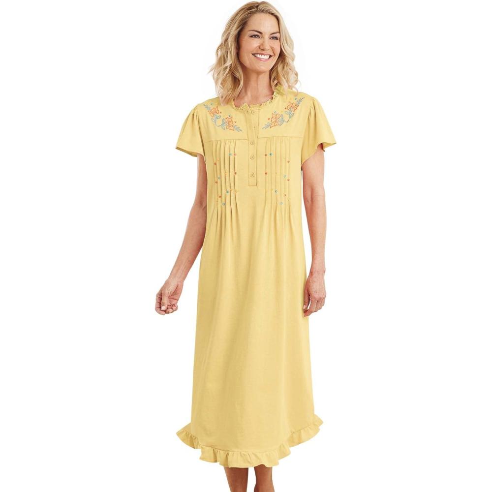 imageAmeriMark Womens Embroidered Knit Night Gown Long Partial Button Front Dress Mid CalfButter