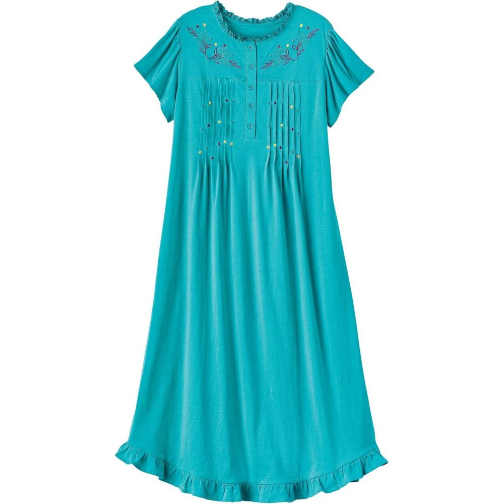 imageAmeriMark Womens Embroidered Knit Night Gown Long Partial Button Front Dress Mid CalfCeladon