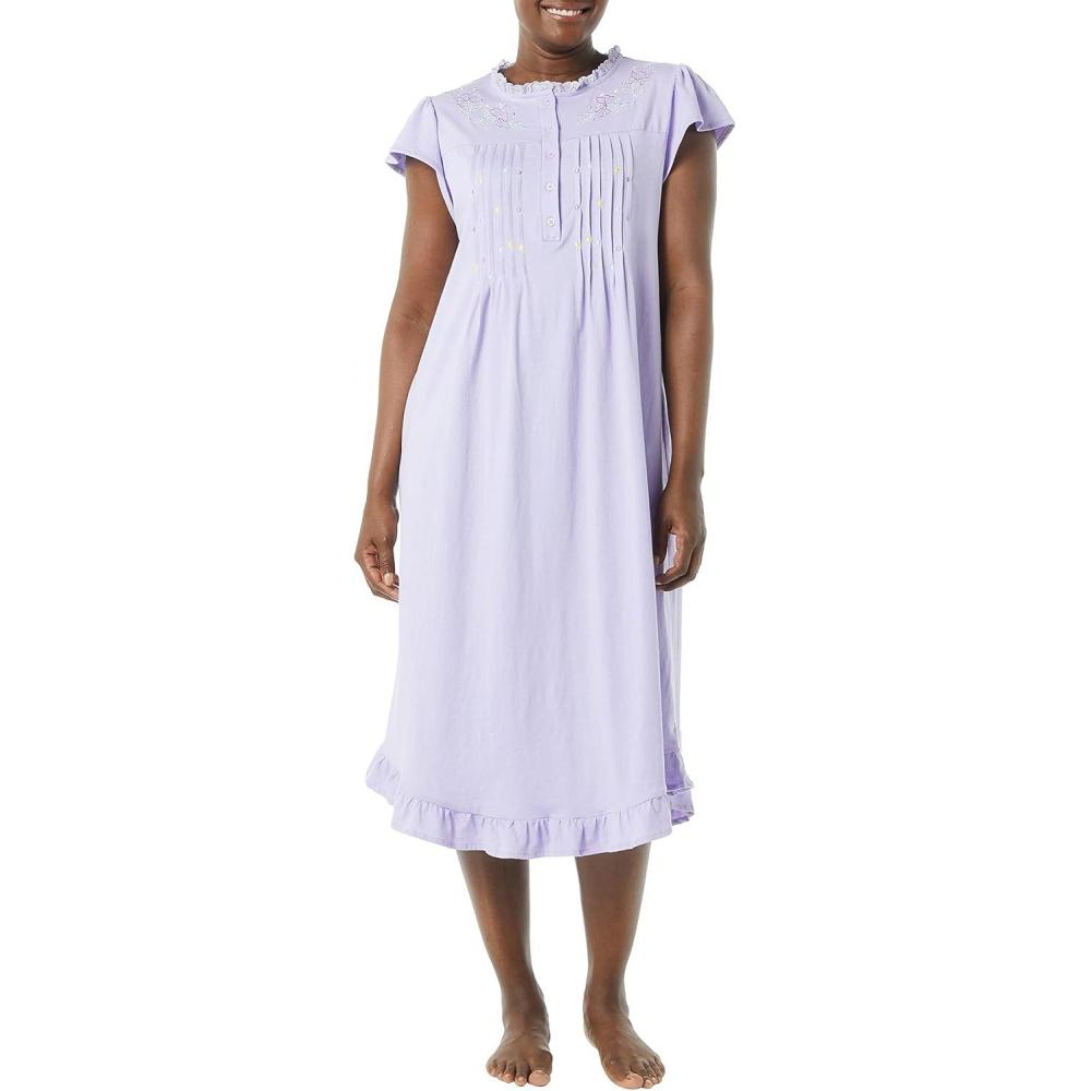 imageAmeriMark Womens Embroidered Knit Night Gown Long Partial Button Front Dress Mid CalfLavender