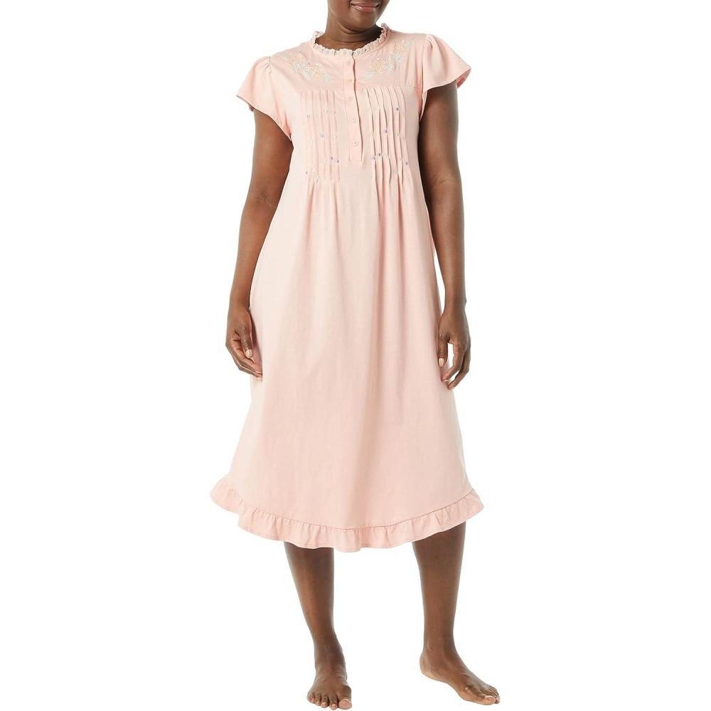 imageAmeriMark Womens Embroidered Knit Night Gown Long Partial Button Front Dress Mid CalfPetal Pink