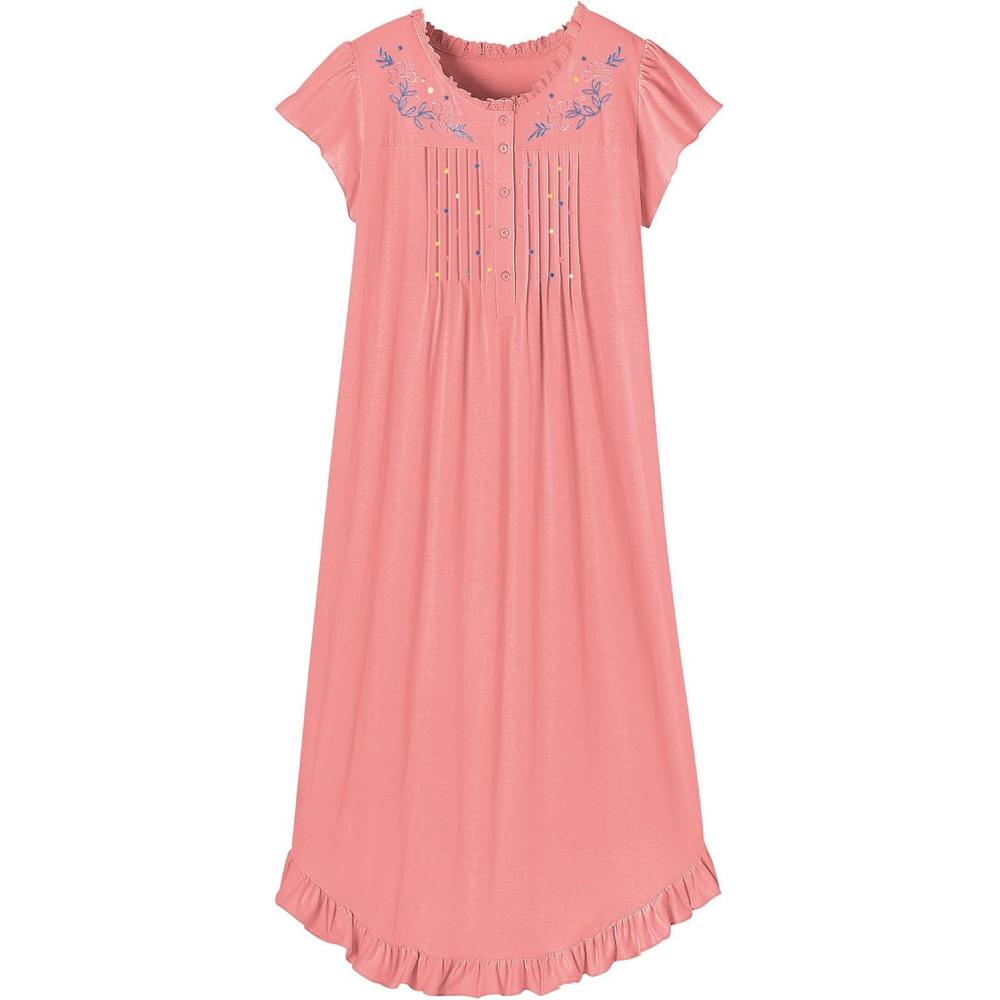 imageAmeriMark Womens Embroidered Knit Night Gown Long Partial Button Front Dress Mid CalfRosette