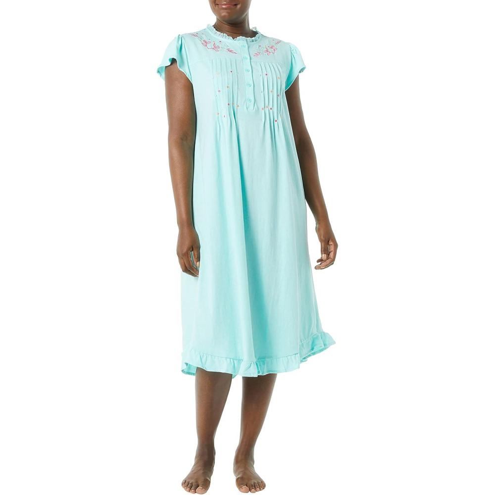 imageAmeriMark Womens Embroidered Knit Night Gown Long Partial Button Front Dress Mid CalfSeaglass