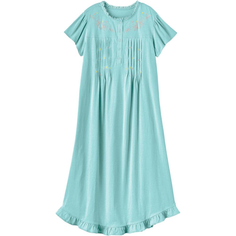 imageAmeriMark Womens Embroidered Knit Night Gown Long Partial Button Front Dress Mid CalfSky