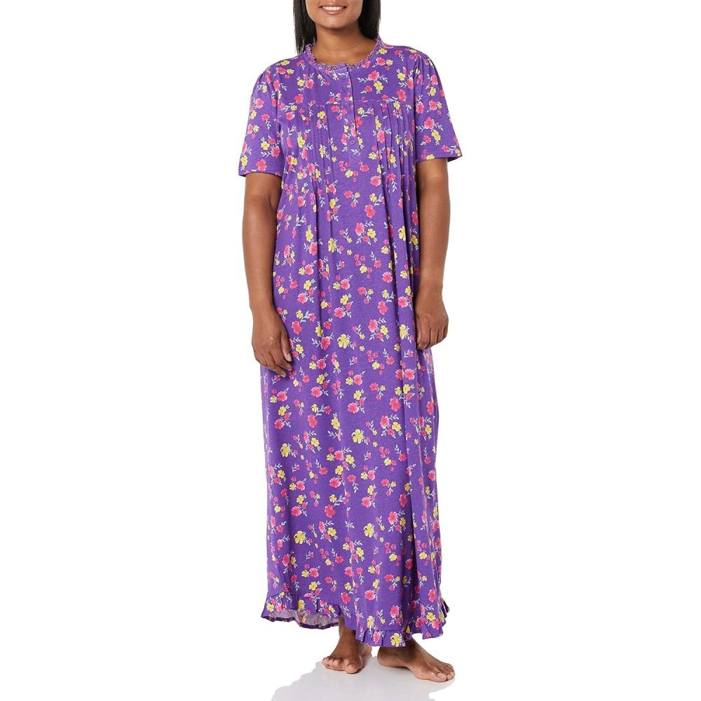 imageAmeriMark Womens Embroidered Knit Night Gown Long Partial Button Front Dress Mid CalfViolet