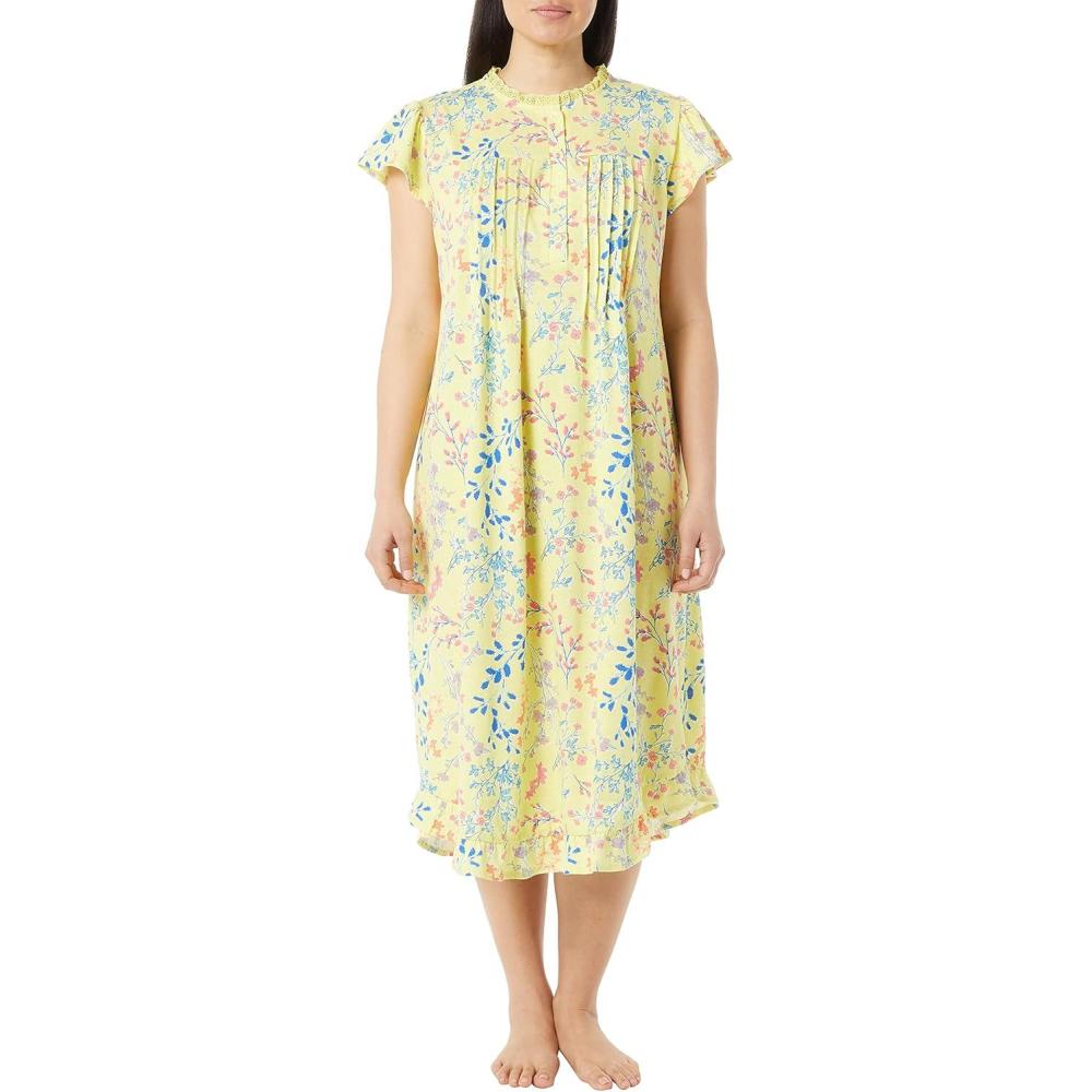 imageAmeriMark Womens Embroidered Knit Night Gown Long Partial Button Front Dress Mid CalfYellow Print