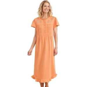 AmeriMark Women’s Embroidered Knit Night Gown Long Partial Button Front Dress – Mid Calf(Cantaloupe)