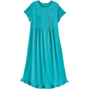 AmeriMark Women’s Embroidered Knit Night Gown Long Partial Button Front Dress – Mid Calf(Celadon)
