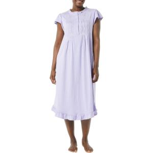 AmeriMark Women’s Embroidered Knit Night Gown Long Partial Button Front Dress – Mid Calf(Lavender)