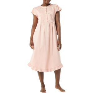 AmeriMark Women’s Embroidered Knit Night Gown Long Partial Button Front Dress – Mid Calf(Petal Pink)