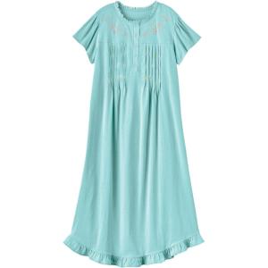 AmeriMark Women’s Embroidered Knit Night Gown Long Partial Button Front Dress – Mid Calf(Sky)