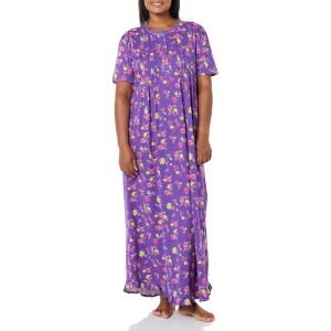AmeriMark Women’s Embroidered Knit Night Gown Long Partial Button Front Dress – Mid Calf(Violet)