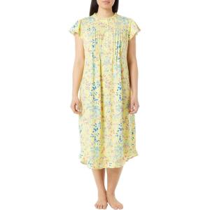 AmeriMark Women’s Embroidered Knit Night Gown Long Partial Button Front Dress – Mid Calf(Yellow Print)