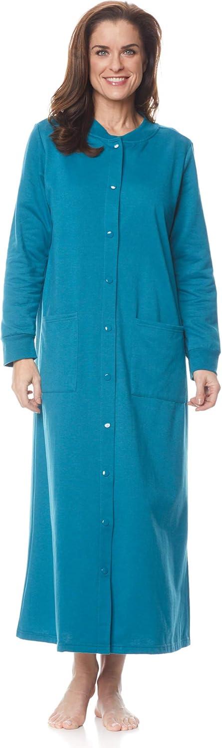 imageAmeriMark Womens Fleece Snap Front Long Bath Robe wPatch Pockets amp Neck CuffTeal