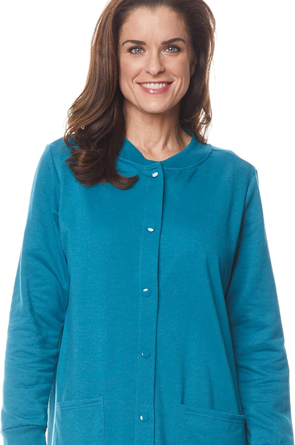 imageAmeriMark Womens Fleece Snap Front Long Bath Robe wPatch Pockets amp Neck CuffTeal