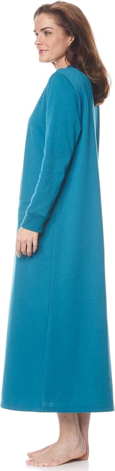 imageAmeriMark Womens Fleece Snap Front Long Bath Robe wPatch Pockets amp Neck CuffTeal