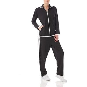 AmeriMark Women Striped Sweatsuit Set – Soft 2-Piece Tracksuit Zip-up Jacket Elastic Waist Pants – Relaxed Athletic Outfit(Black/White)