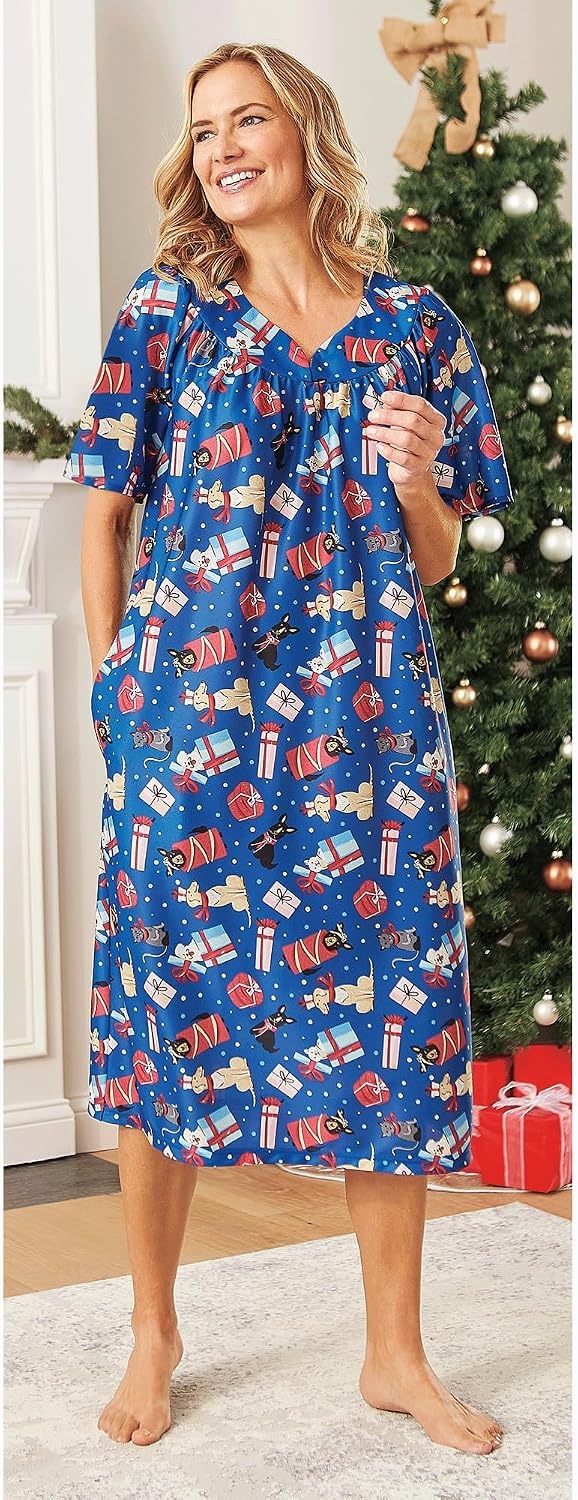 image:imageAmeriMark Casual Womens Patio Muumuu House Dress Loose Comfortable Short Sleeve Sun Dress Lounger Gown Sleepwear for LadiesBlue