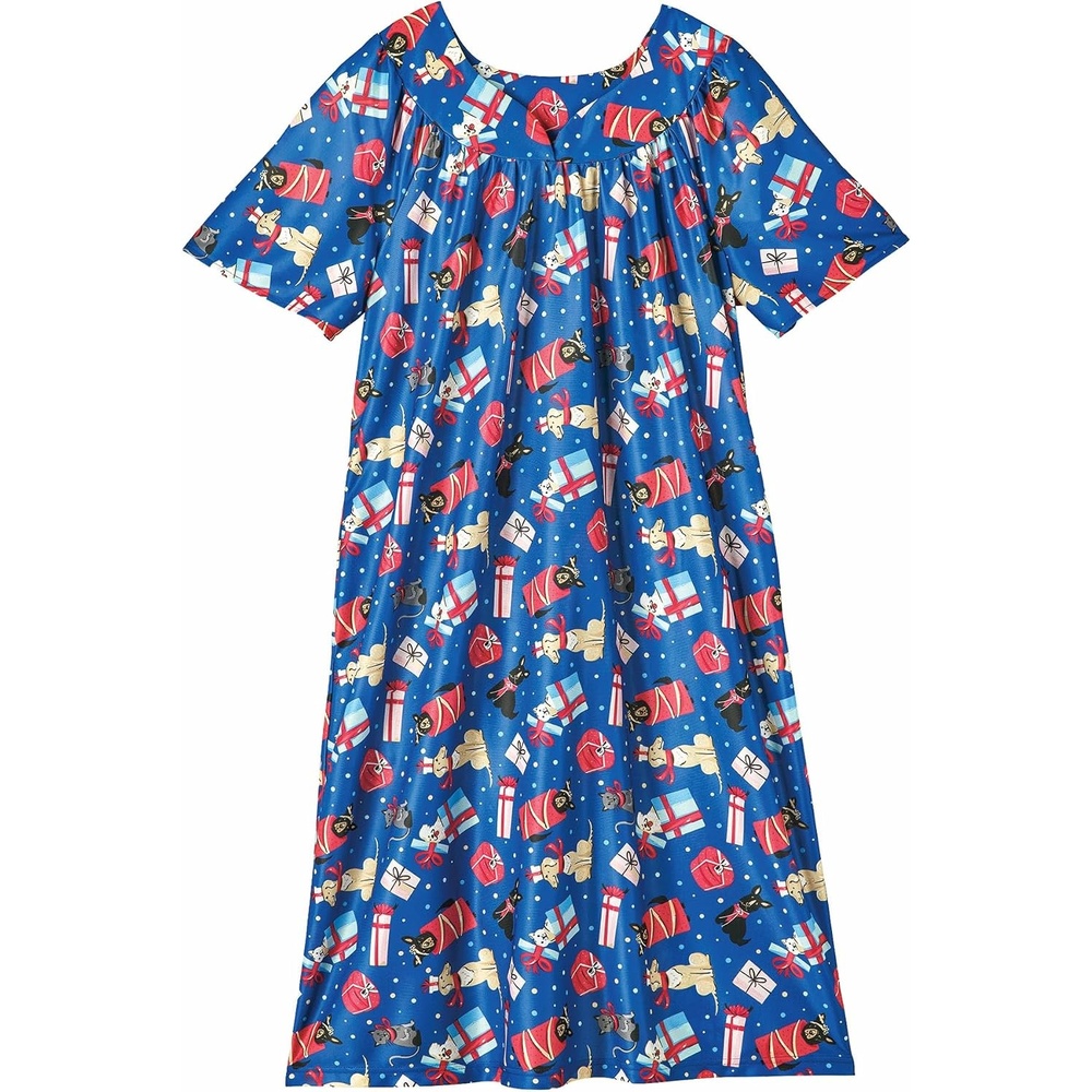 image:imageAmeriMark Casual Womens Patio Muumuu House Dress Loose Comfortable Short Sleeve Sun Dress Lounger Gown Sleepwear for LadiesBlue